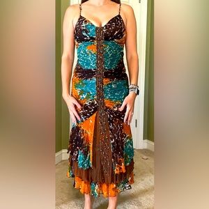 Gorgeous Cache beaded layered dress. Turquoise, orange and brown